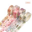 6 Rolls Washi Tape Set Floral Gold Foil Washi Masking Tape 15mm Wide Plant Leaves Flower Decorative Adhesive Tape Sticker for DIY Arts & Crafts Journals Planners Scrapbooking Card Gift Wrapping