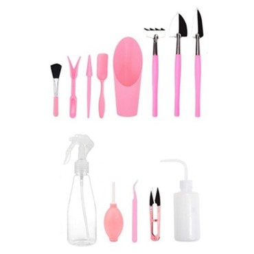 13PCS Mini Garden Hand Tools Bonsai Succulent Miniature Planting Tool Set Mini Garden Planting Care Tools Leaf Trimmer Rake Shovels Watering Bottle