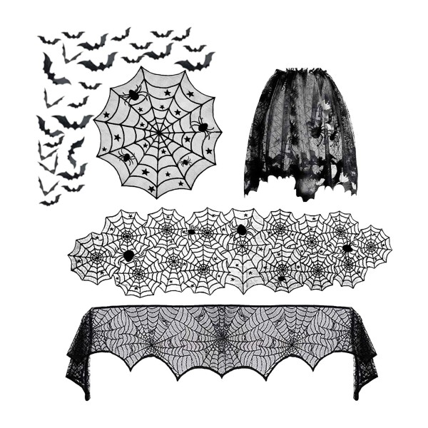 5PCS Halloween Decorations Set Spider Cobweb Tablecloth Table Runner Black Lace Fireplace Scarf Lampshade 36pcs Scary Bat Wall Stickers for Festival Party Zombie Haunted House Props