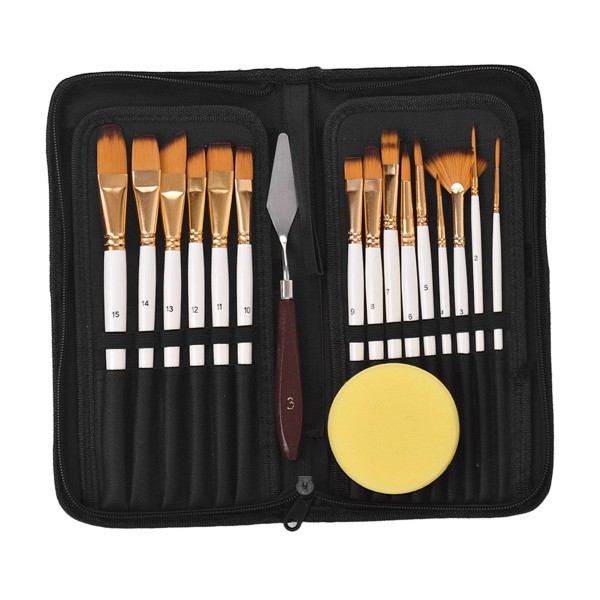 Artist Paint Brush Set 15 different Shapes & Sizes Paintbrushes Wood Handles No Shed Hairs with Free Painting Knife&Sponge For Creative Body Paint Acrylics Oil Painting