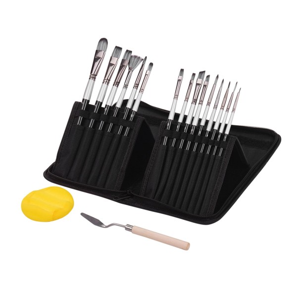 15pcs/set Artist Paint Brushes Set with Scraper Sponge Ball Carrying Case Professional Drawing Paintbrush Nylon Hair Wooden Handle for Artists Adults Students Beginners Art Supplies for Watercolor Acrylic Oil Gouache Face Body Painting
