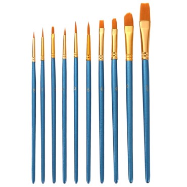 10pcs Blue Paintbrush Set Professional Art Paint Brushes Nylon Hair Wooden Handle for Artists Children Adults for Acrylic Oil Watercolor Gouache Face Nail Body Painting