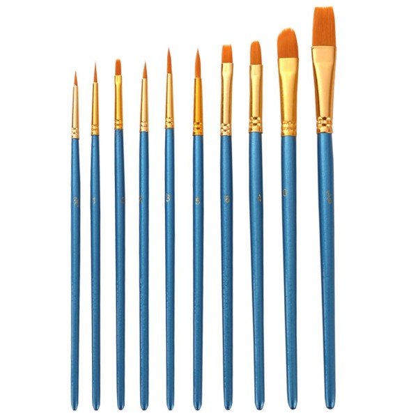 10pcs Blue Paintbrush Set Professional Art Paint Brushes Nylon Hair Wooden Handle for Artists Children Adults for Acrylic Oil Watercolor Gouache Face Nail Body Painting