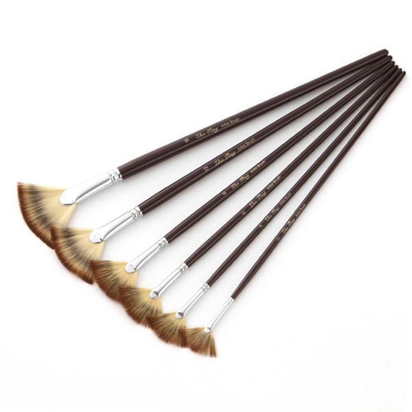 6pcs Professional Fan Paint Brushes Anti-Shedding Nylon Hair 3-Color Soft Fan Tip Head Long Wooden Handle Artist Paintbrush for Acrylic Oil Watercolor Gouache Painting Art Supplies