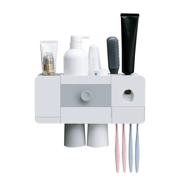 Toothbrush Rack with Automatic Toothpaste Dispenser Squeezer Wall Mounted Toothbrush Holder Magnetic Cups Organizer Toothbrush Slots Cosmetic Organizer Drawer for Washroom Bathroom