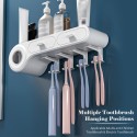 Toothbrush Rack with Cups Automatic Toothpaste Dispenser Squeezer Storage Holder Wall Mounted Toothbrush Holder Organizer Toothbrush Slots Cosmetic Organizer Drawer for Washroom Bathroom