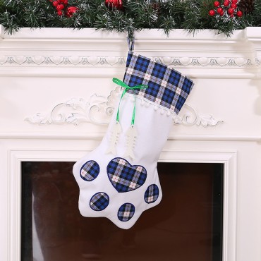 Christmas Stockings Gift Bag Decor for New Year Plaid Christmas Gift Bags Pet Paw Stocking Socks Xmas Tree Hanging Pendant