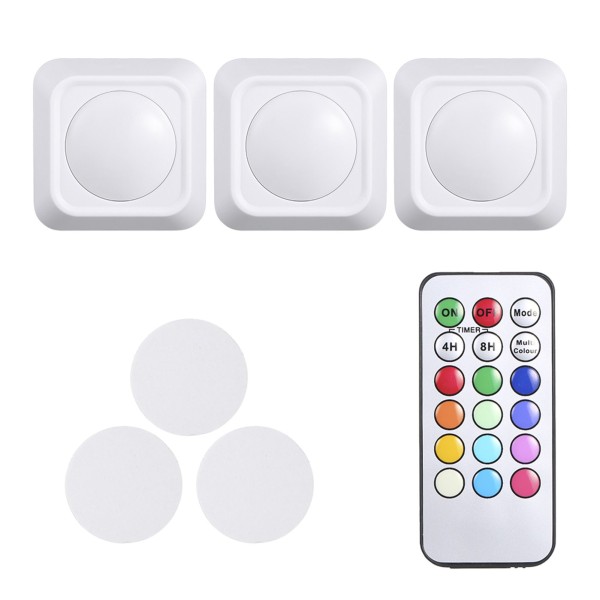 4.5V 1W  RGB Color Changing LED Puck Lights 3 Pack Battery Powered Operated with Remote Control Controller Timer Time Setting Timinng Function 12 Colors Changing Wireless Under Cabinet Lighting for Wall Stairs Front Door Bedroom Cupboard Wardrobe Portable