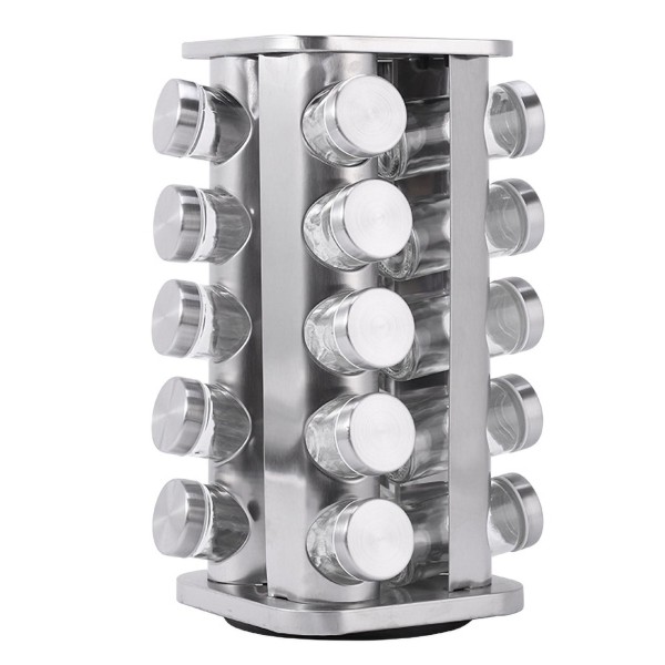 20PCS Jar Spice Rack 360°Rotating Spice Rack Organizer Stainless Steel Large Standing Cabinet Seasoning Rack Tower for Kitchen Countertop