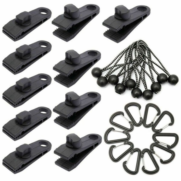 30pcs Outdoor Tarp Clips Heavy Duty Lock Grip Tent Fasteners Clamps with Bungee Ball Cords Carabiners for Outdoor Camping Tarps Awnings Caravan Canopies