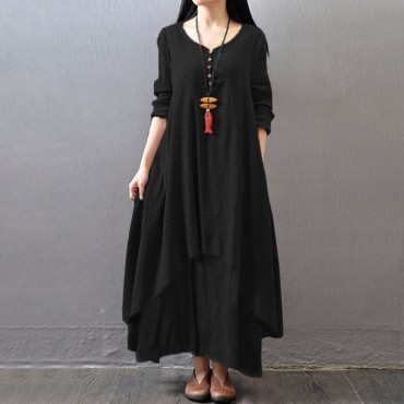 New Fashion Women Casual Loose Dress Solid Color Long Sleeve Boho Long Maxi Dress