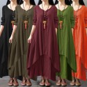 New Fashion Women Casual Loose Dress Solid Color Long Sleeve Boho Long Maxi Dress