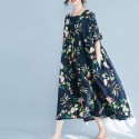 Ethnic Women Dress Colorful Floral Print Side Pockets Pleated Short Sleeve Maxi Gown Loose One-Piece