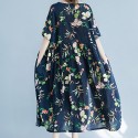 Ethnic Women Dress Colorful Floral Print Side Pockets Pleated Short Sleeve Maxi Gown Loose One-Piece