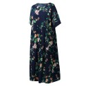 Ethnic Women Dress Colorful Floral Print Side Pockets Pleated Short Sleeve Maxi Gown Loose One-Piece