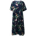 Ethnic Women Dress Colorful Floral Print Side Pockets Pleated Short Sleeve Maxi Gown Loose One-Piece