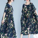 Ethnic Women Dress Colorful Floral Print Side Pockets Pleated Short Sleeve Maxi Gown Loose One-Piece