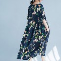 Ethnic Women Dress Colorful Floral Print Side Pockets Pleated Short Sleeve Maxi Gown Loose One-Piece