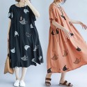 Plus Size Women Loose Dress Cute Cartoon Cat Print O Neck Raglan Short Sleeve Baggy Large Size Oversized Maxi Dress