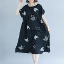 Plus Size Women Loose Dress Cute Cartoon Cat Print O Neck Raglan Short Sleeve Baggy Large Size Oversized Maxi Dress