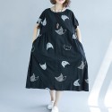 Plus Size Women Loose Dress Cute Cartoon Cat Print O Neck Raglan Short Sleeve Baggy Large Size Oversized Maxi Dress