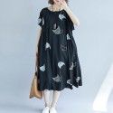 Plus Size Women Loose Dress Cute Cartoon Cat Print O Neck Raglan Short Sleeve Baggy Large Size Oversized Maxi Dress