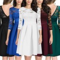 New Summer Women Sheer Lace Panel Dress O-neck 3/4 Sleeve Zipper Ruffle Hem Elegant Solid Evening Midi Dress
