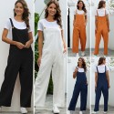 Vintage Women Cotton Wide Leg Jumpsuit Plus Size Sleeveless Side Pockets Romper Full Length Pure Color Overalls