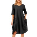 Women Tunic Dress Roll-up Short Sleeve Comfortable Cotton Pockets Irregular Hem Solid Baggy Midi Dress