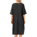 Women Tunic Dress Roll-up Short Sleeve Comfortable Cotton Pockets Irregular Hem Solid Baggy Midi Dress