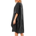 Women Tunic Dress Roll-up Short Sleeve Comfortable Cotton Pockets Irregular Hem Solid Baggy Midi Dress