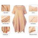 Women Tunic Dress Roll-up Short Sleeve Comfortable Cotton Pockets Irregular Hem Solid Baggy Midi Dress