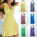 Women Printed Dress Vintage Belted V-Neck Sleeveless Mini Dress Holiday Beach Summer Vestido