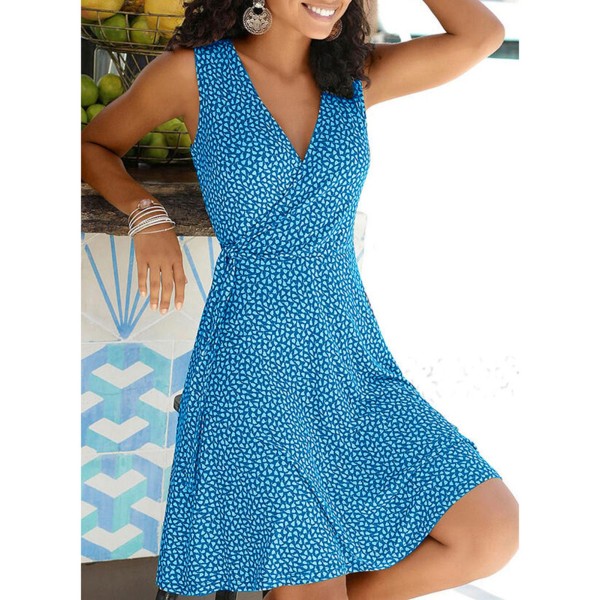 Women Printed Dress Vintage Belted V-Neck Sleeveless Mini Dress Holiday Beach Summer Vestido