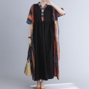 Vintage Women Dress Splicing Print V Neck Short Sleeve Pocket Loose Casual Dress