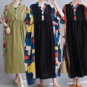 Vintage Women Dress Splicing Print V Neck Short Sleeve Pocket Loose Casual Dress