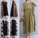 Vintage Women Dress Splicing Print V Neck Short Sleeve Pocket Loose Casual Dress