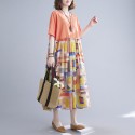 Women Casual Dress Contrast Color Print Pockets Loose O-Neck Short Sleeves Plus Size Summer Dress