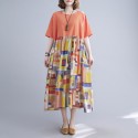 Women Casual Dress Contrast Color Print Pockets Loose O-Neck Short Sleeves Plus Size Summer Dress