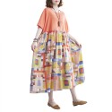 Women Casual Dress Contrast Color Print Pockets Loose O-Neck Short Sleeves Plus Size Summer Dress