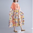 Women Casual Dress Contrast Color Print Pockets Loose O-Neck Short Sleeves Plus Size Summer Dress