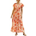 Women Dress Ruffle Floral Print Tie Waist Empire Dress V Neck Short Sleeve Summer Long Dress