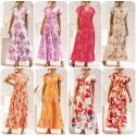 Women Dress Ruffle Floral Print Tie Waist Empire Dress V Neck Short Sleeve Summer Long Dress