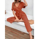 Women Jumpsuit Short Sleeved Waist Strap Casual Crop Rompers