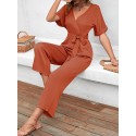 Women Jumpsuit Short Sleeved Waist Strap Casual Crop Rompers