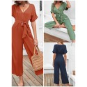 Women Jumpsuit Short Sleeved Waist Strap Casual Crop Rompers