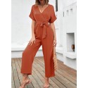 Women Jumpsuit Short Sleeved Waist Strap Casual Crop Rompers