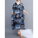 Women Loose Dress with Pockets Vintage Printed V Neck Half Sleeves Holiday Dress Robes