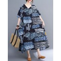 Women Loose Dress with Pockets Vintage Printed V Neck Half Sleeves Holiday Dress Robes