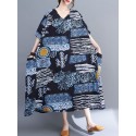 Women Loose Dress with Pockets Vintage Printed V Neck Half Sleeves Holiday Dress Robes